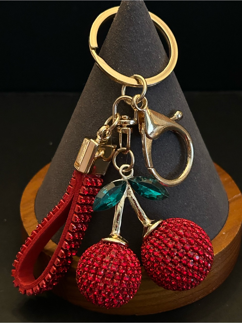 Red Crystal Cherry Key & Card Holder Bag Charm with Gold Hardware NWOT